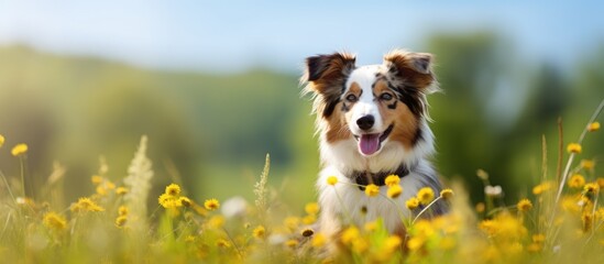 Summer portrait of a charming Miniature American Shepherd dog with adorable features set against a vibrant backdrop with ample copy space image