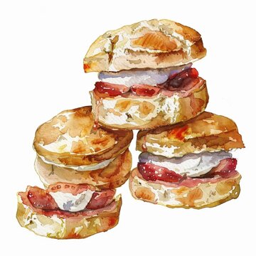 watercolor scones with cream and strawberries clip art preview