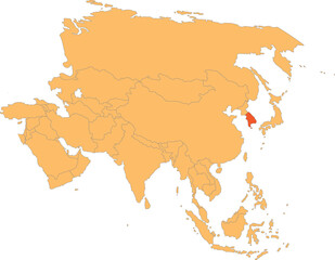 Fototapeta premium Highlighted red map of SOUTH KOREA inside orange detailed political map of Asia using orthographic projection on transparent background