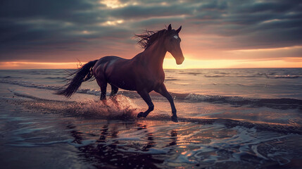 A perfectly formed horse runs along the beach at sunset. Ai generate.