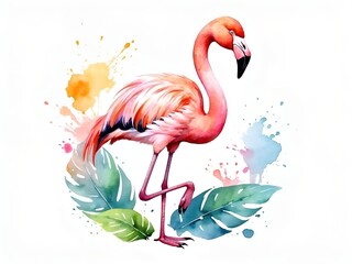 Colorful watercolor cute Flamingo with tropical leaves illustration on a white background, copy space