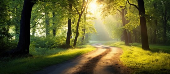 Naklejka premium Sunlit path winding through a spring forest or park with a clear sky perfect for a copy space image