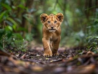 Cute baby lion confidently strolls through the lush forest