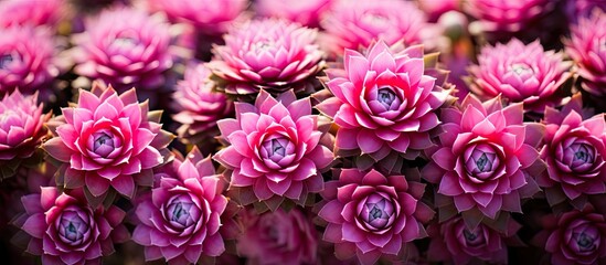 Fototapeta premium Blooming sempervivum Pink Sempervivum flowers. Copy space image. Place for adding text and design
