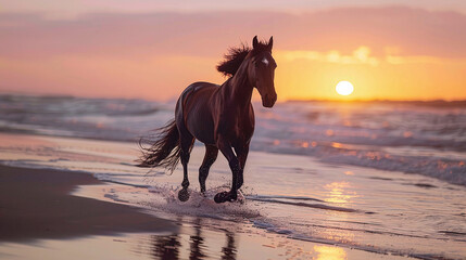A perfectly formed horse runs along the beach at sunset. Ai generate.