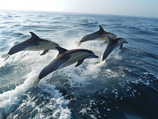 Dolphins jumping out of water in ocean