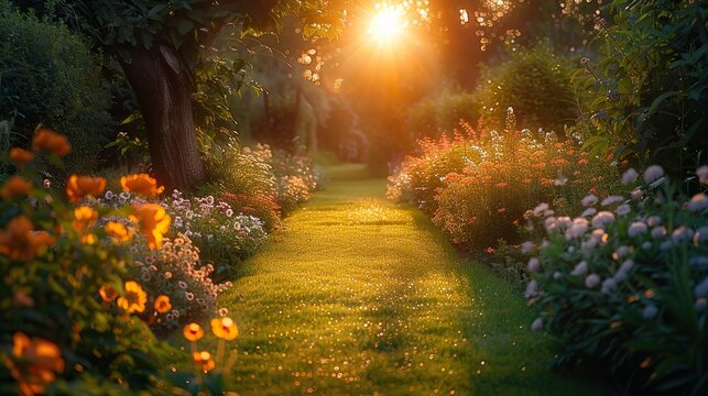 A divine light illuminating a tranquil garden.
