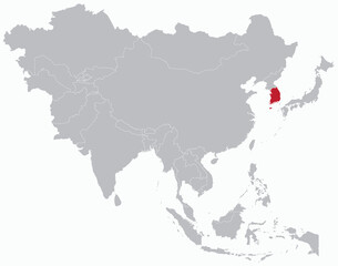 Highlighted red map of SOUTH KOREA inside grey detailed blank political map of Asia on light blue background, without the Middle East and Russia