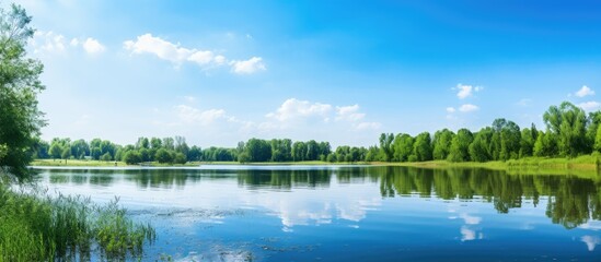 Obraz premium Scenic view of landscape reflecting in water in a public park with a clear blue sky in the background providing perfect copy space image opportunity