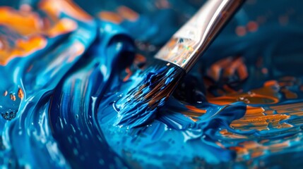 A brush is dipped into a blue and orange paint - Powered by Adobe