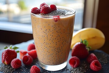 Chia Seed Smoothie - Any color base with visible chia seeds and fruit garnish