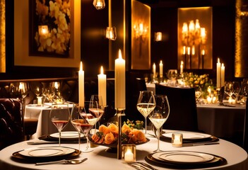 romantic candlelit dinner elegant dishes fine dining setting, upscale, luxury, gourmet, beautiful, ambiance, exquisite, classy, stylish, formal, special