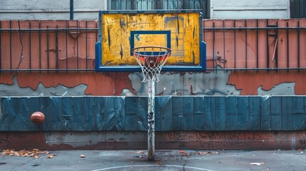 Abandoned basketball hoop in urban setting