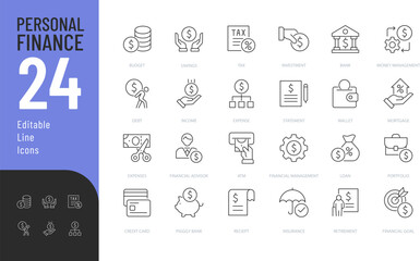 PERSONAL FINANCE Editable Icons set. Vector illustration in modern thin line style of money related icons: budget, loan, taxes, and more. Pictograms and infographics for mobile apps.
