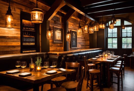 rustic craft beer food pairing cozy pub setting wooden tables dim lighting, delicious, appetizing, savory, satisfying, refreshing, cold, drink, alcohol, beverage
