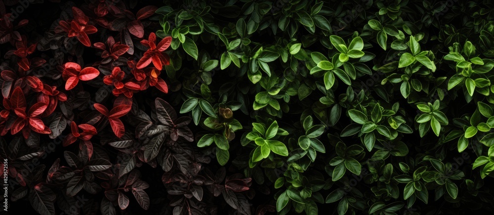 Poster Top view of a picturesque bush with green and red leaves against a dark backdrop ideal for a copy space image