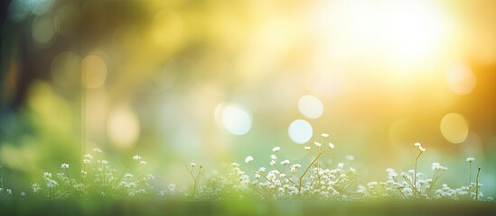 Abstract bokeh flare sunlight on a blurry green and yellow nature sunrise beach background with a focus on the summer holiday concept and copy space image