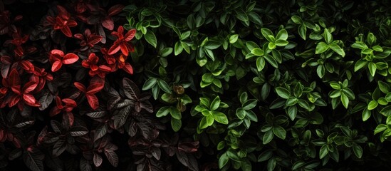 Top view of a picturesque bush with green and red leaves against a dark backdrop ideal for a copy space image - Powered by Adobe
