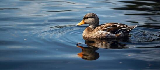 Solitary duck gracefully floats in the river with copy space image