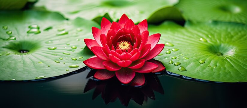 Vivid red lotus flower with copy space image surrounded by lush green circular lotus leaves