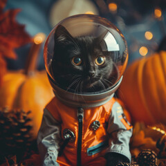 Black Cat in Miniature Astronaut Costume with Helmet and Space Suit, Halloween Theme