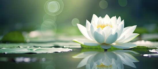 A serene white lotus flower against a tranquil background offering a peaceful essence with copy space image