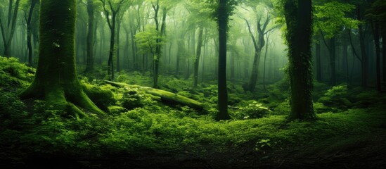 Lush green forest setting with a mysterious ambiance ideal as a background for images with empty space for additional content