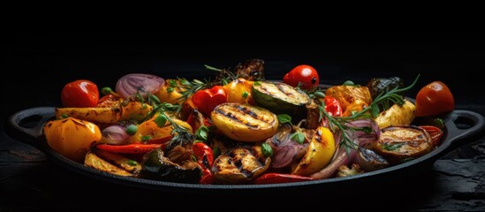 Grilled vegetables with seasonings in a pan on a black rustic backdrop with copy space image available