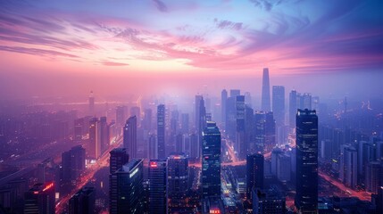 A panoramic view of a city skyline with skyscrapers illuminated by the glow of twilight