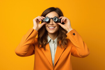 young business woman looking through binoculars on orange background
