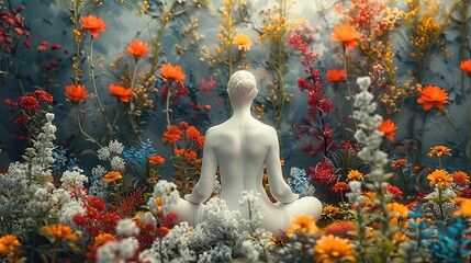 A serene figure meditating in a circle of flowers.