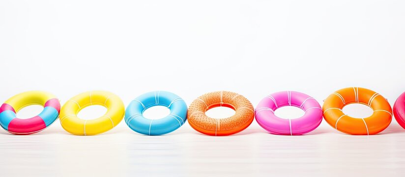 Summer holidays theme with inflatable rings and beach accessories displayed in a minimalistic white background creating a serene and inviting copy space image