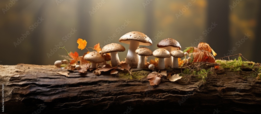 Wall mural an autumn scene with mushrooms on a weathered tree stump with copy space image