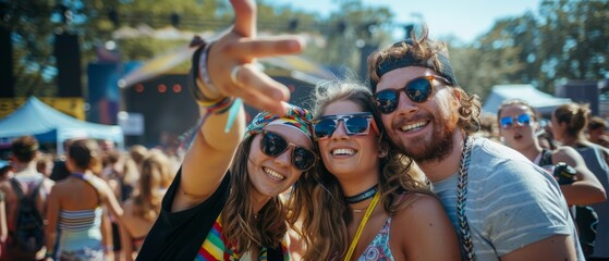 Friends enjoying a music festival, festival experience with friends. Group selfie at a concert,...
