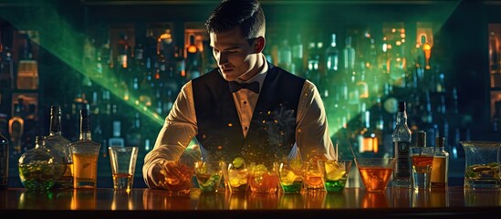 bartender serves ready made cocktail in the bar night club scenery. Copy space image. Place for adding text and design