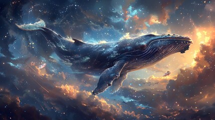 Pixel Art Whale Swimming in StarFilled Cosmic Sky Captured by