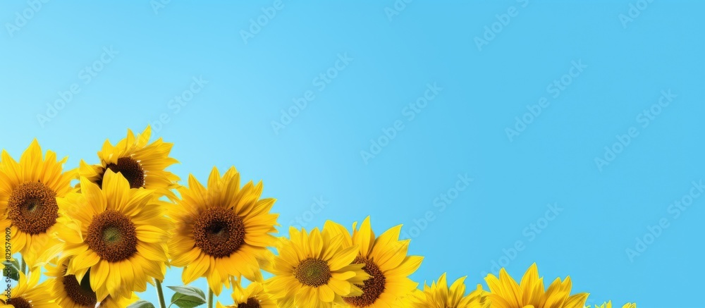 Canvas Prints sunflowers in a stunning aerial view against a blue backdrop with ample copy space image