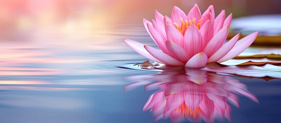 Lotus flower in shades of pink reflecting in the serene pool water with space for text or images....