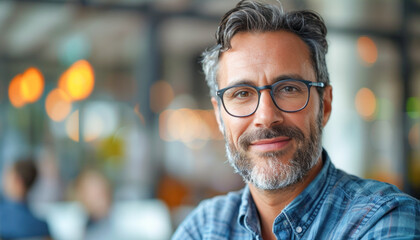 Obraz premium In the photograph, a man wearing glasses and a beard is smiling happily for the camera