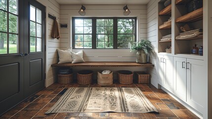 Naklejka premium Blank style mudroom with functional storage clean surfaces and a minimalist bench