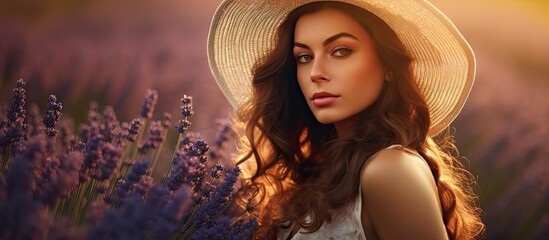 Gorgeous woman posing in a lavender field with a copy space image