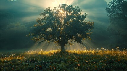 A sacred tree bathed in divine light.
