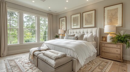 Blank style guest bedroom with a simple bed elegant decor and calming color scheme