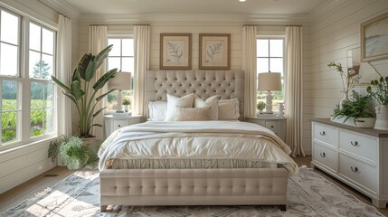 Blank style guest bedroom with a simple bed elegant decor and calming color scheme