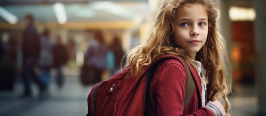 Obraz premium Portrait of a young girl with a backpack heading to school with a copy space image
