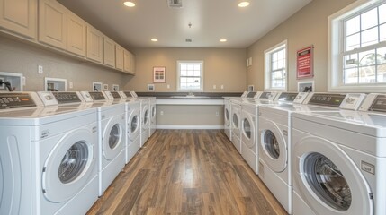 Blank style laundry room with efficient layout clean surfaces and modern appliances