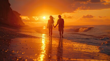 Fototapeta premium couple walking on the beach at sunset