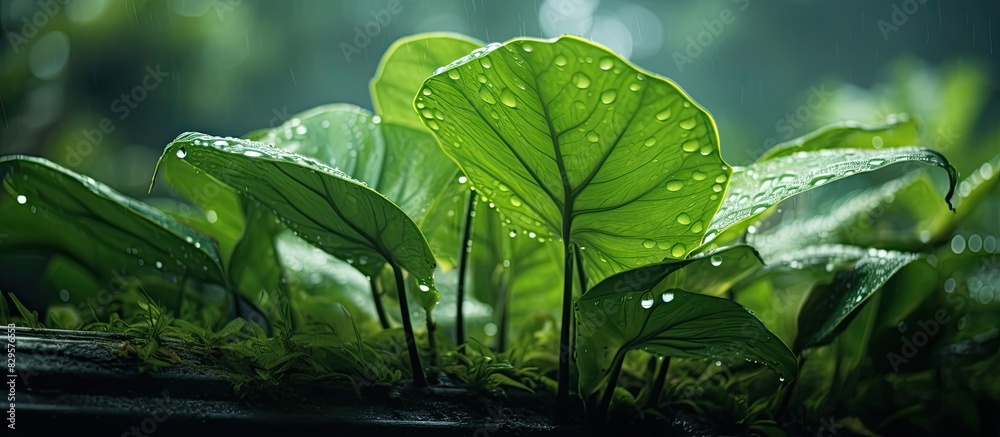 Poster tropical forest after rain green iris leaf with rain droplets casting shadows and light creating a n