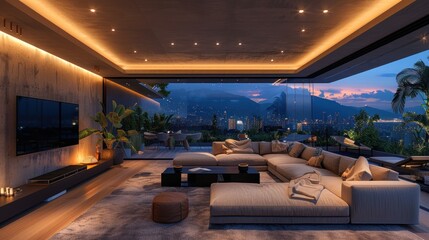 Blank style entertainment room with minimalist decor sleek furniture and modern technology