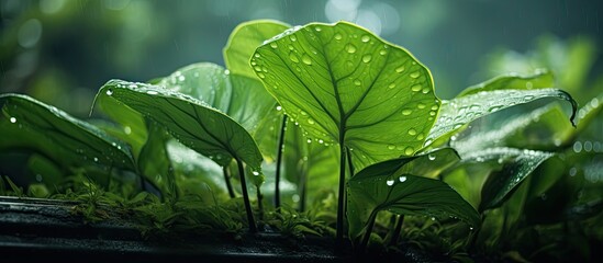 Tropical forest after rain green iris leaf with rain droplets casting shadows and light creating a natural green backdrop with copy space image